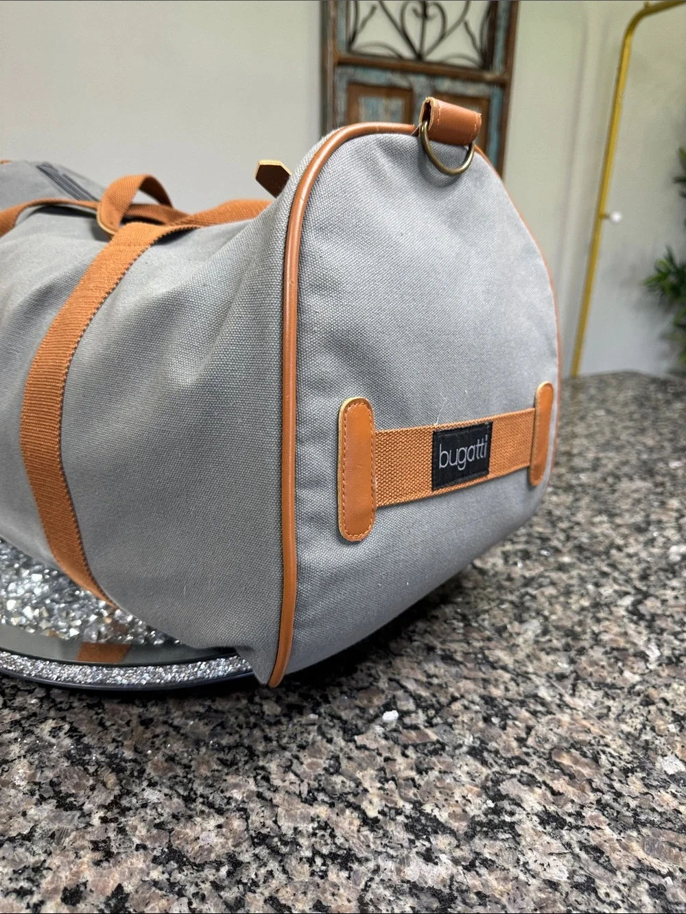 Bugatti Gray heavy canvas Duffel Bag with Tan Straps and shoulder strap NEW